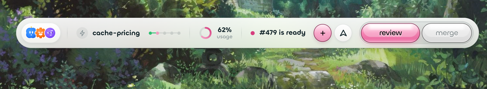 The closed dock: the crew, the job and its stage, usage, and a pull request ready to review then merge
