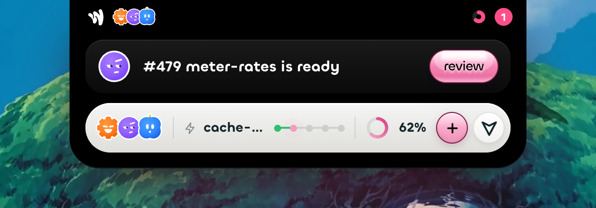 The dock folded into the notch, open under the pointer with the pull request that is ready