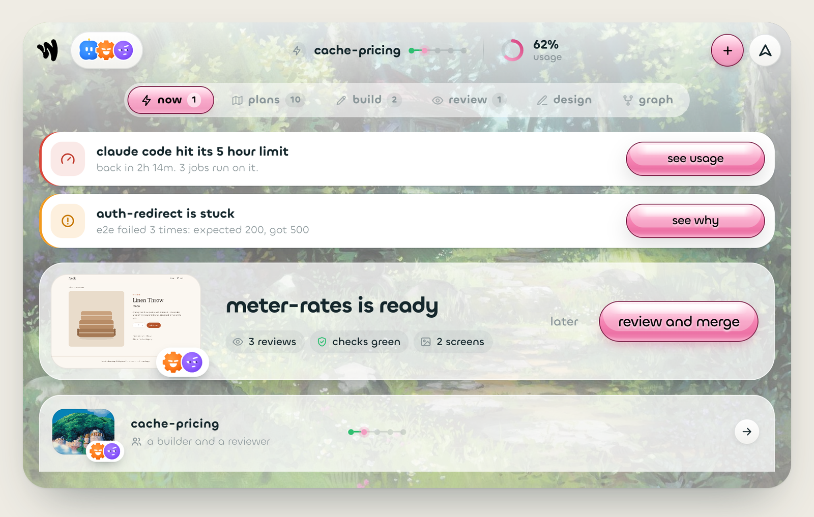 The open dock on now: a limit and a stuck job, the pull request waiting on you, and the jobs under it